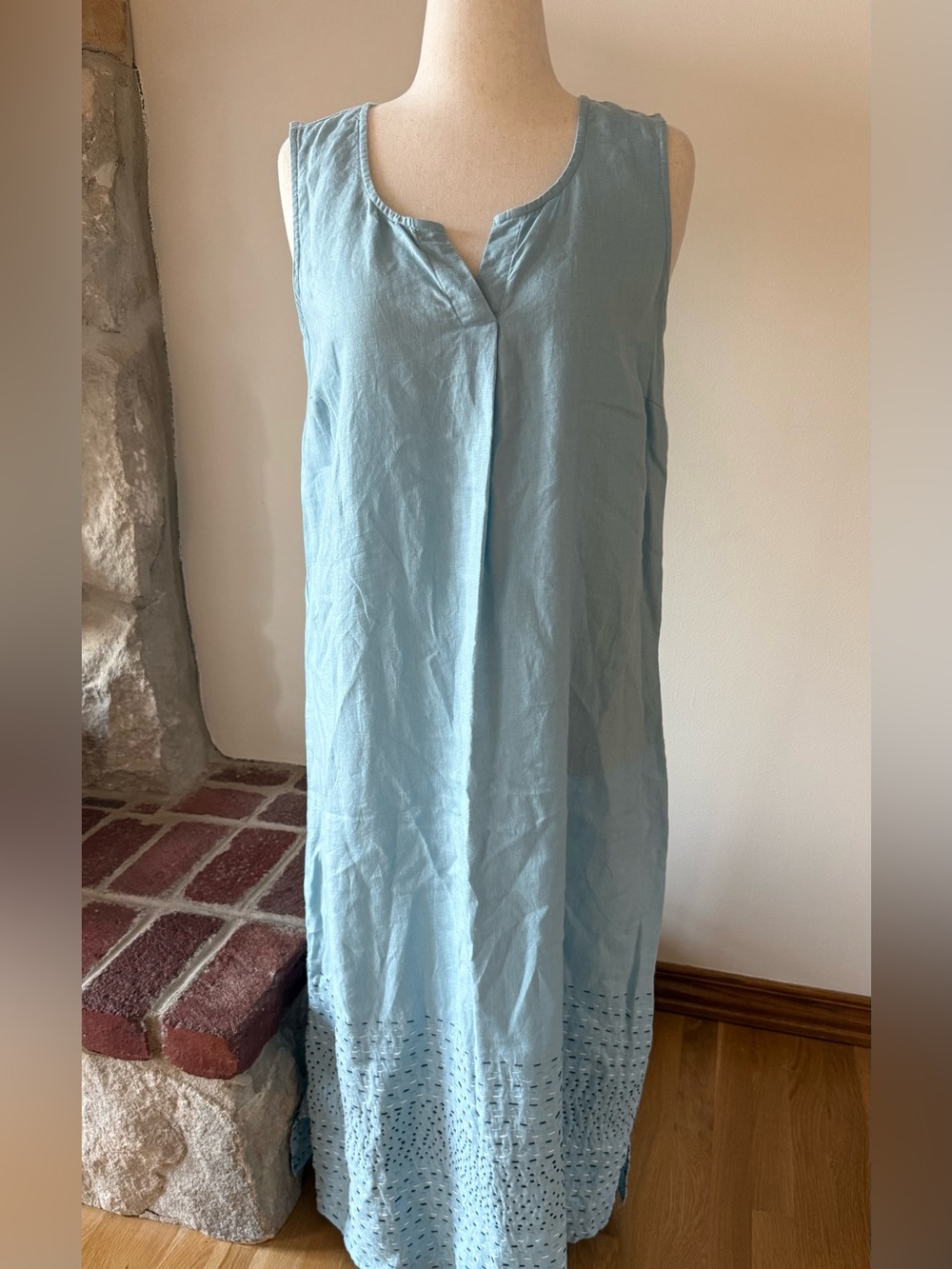 J. Jill Light Blue Linen Maxi Dress Embroidered Hem